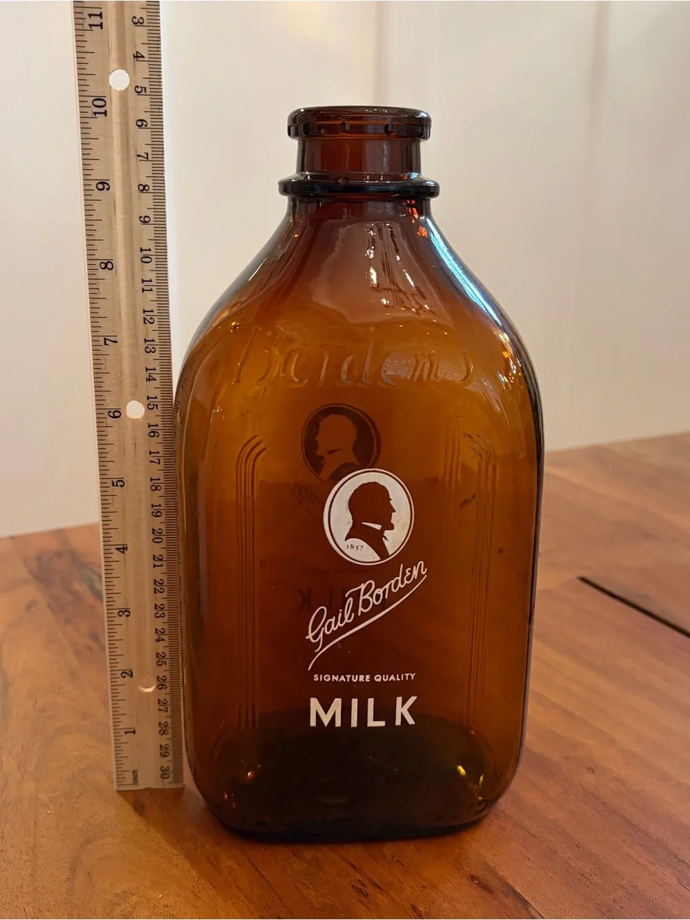 Vintage Gail Borden Amber Glass Half Gallon Milk Bottle 2 Quart 1950s Pyro Rare